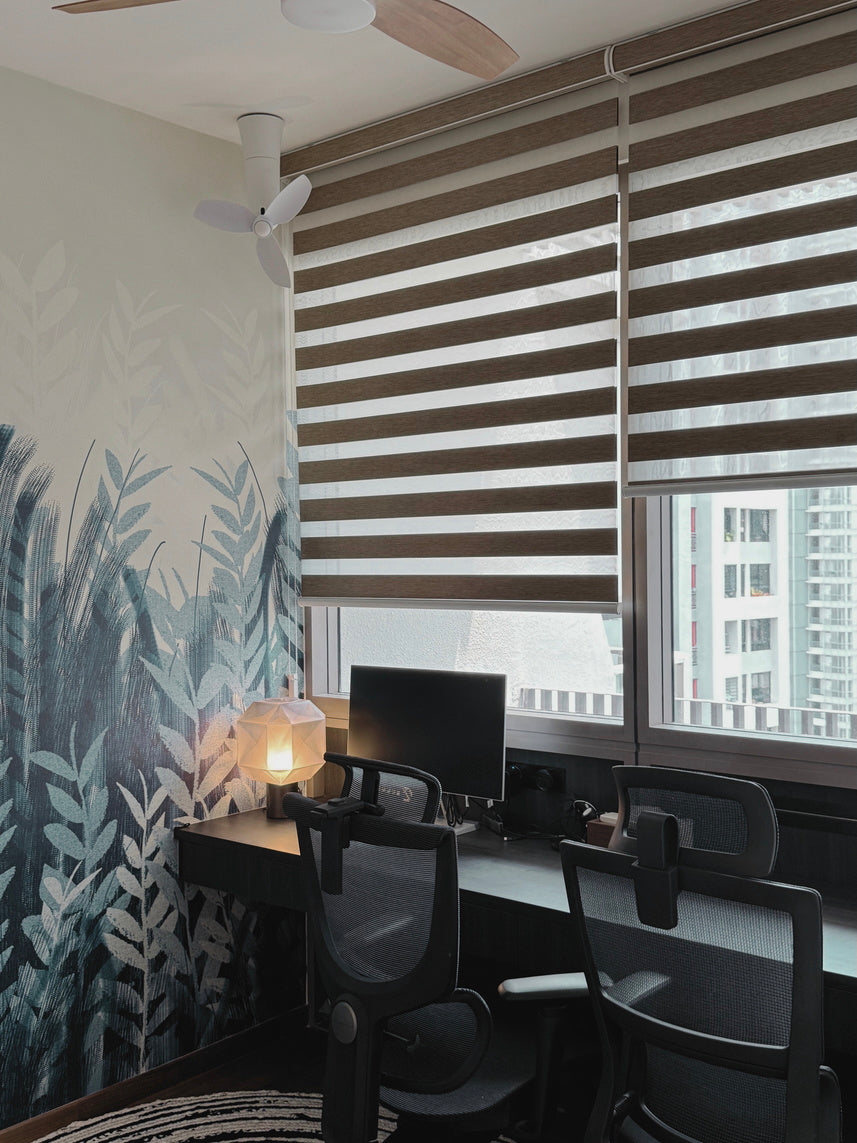 Spin quincy white ceiling mount corner fan installed in corner of home office