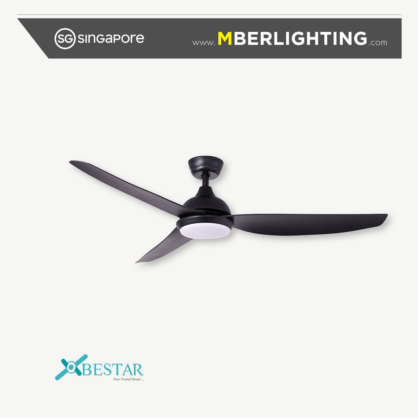 Bestar brand 3 blade drop rod ceiling fan in black with built in LED lights. 