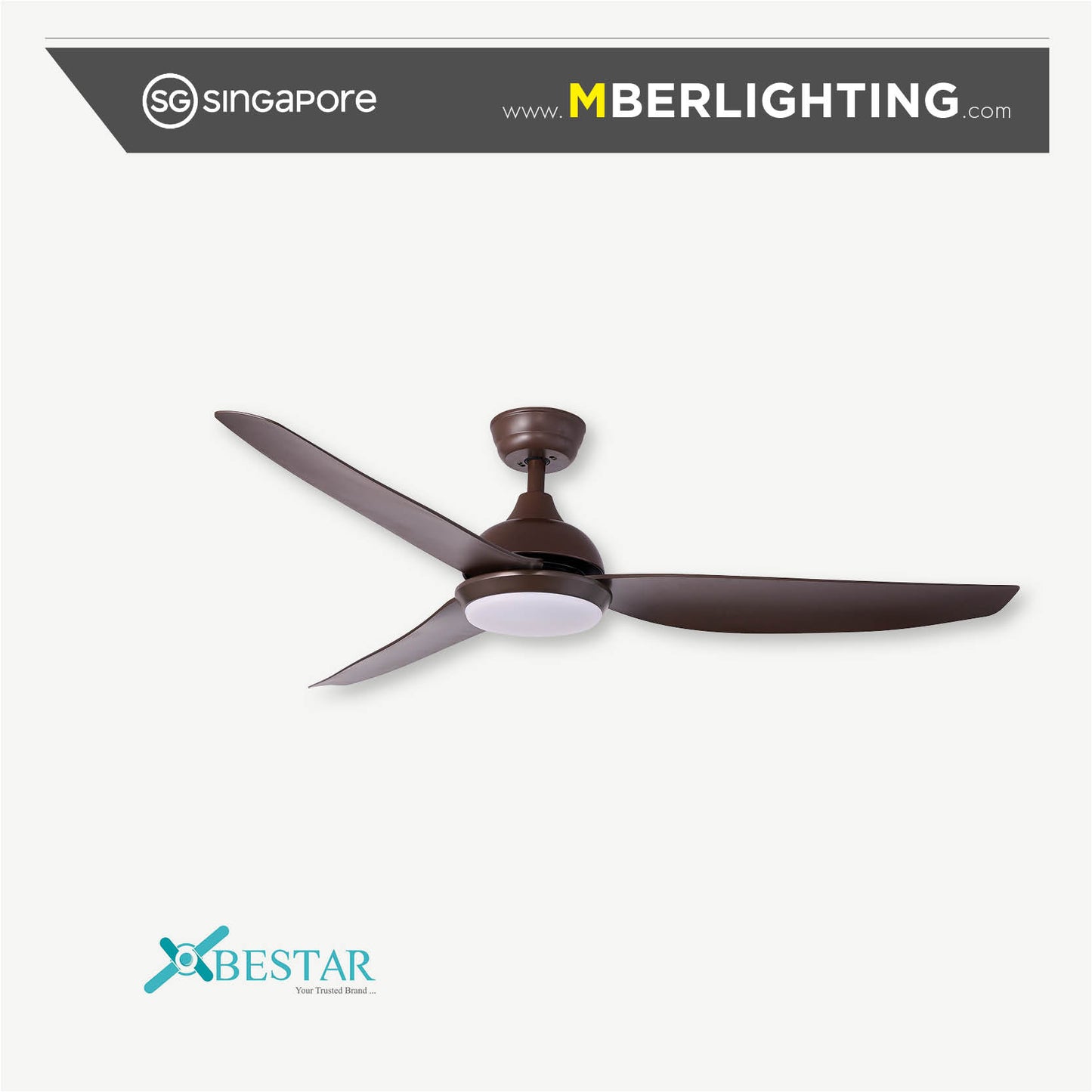 Bestar brand 3 blade drop rod ceiling fan in full dark brown, mocha tone with built in LED lights. 