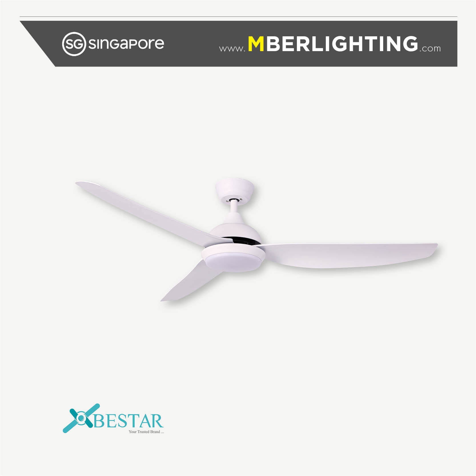 Bestar brand 3 blade drop rod ceiling fan in full white with built in LED lights. 