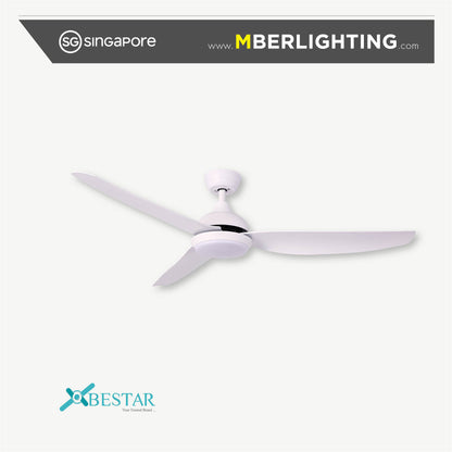 Bestar brand 3 blade drop rod ceiling fan in full white with built in LED lights. 