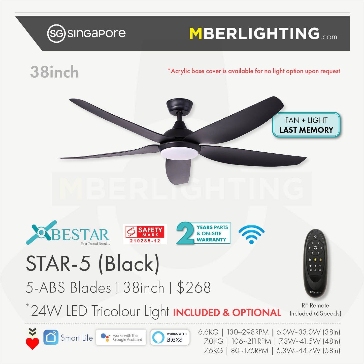 STAR5 5-Blades Drop Rod Ceiling Fan BLACK