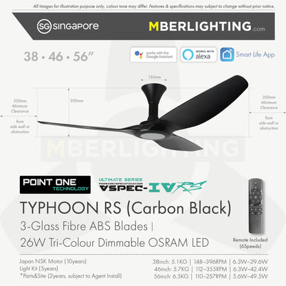 TYPHOON RS ceiling fan model with LED, in full Black with fan Specifications