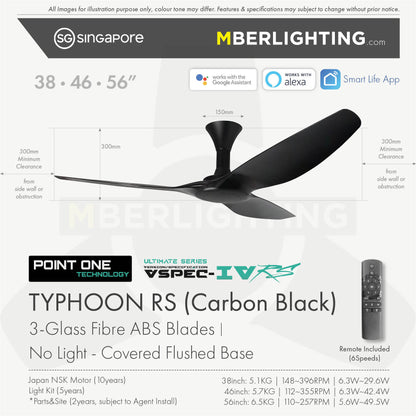 TYPHOON RS ceiling fan model without LED, in full Black with fan Specifications