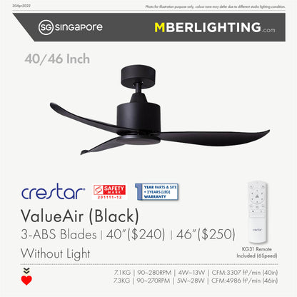 VALUEAIR 3-Blades Drop-Rod Ceiling Fan BLACK