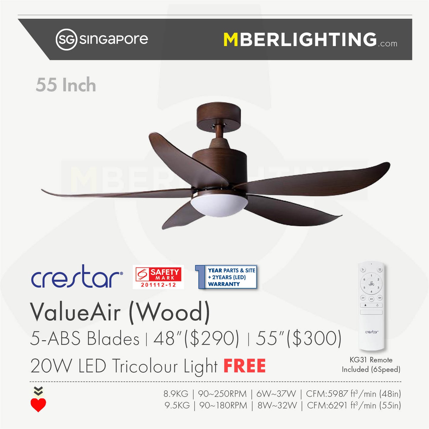 VALUEAIR 5-Blades Drop-Rod Ceiling Fan WOOD