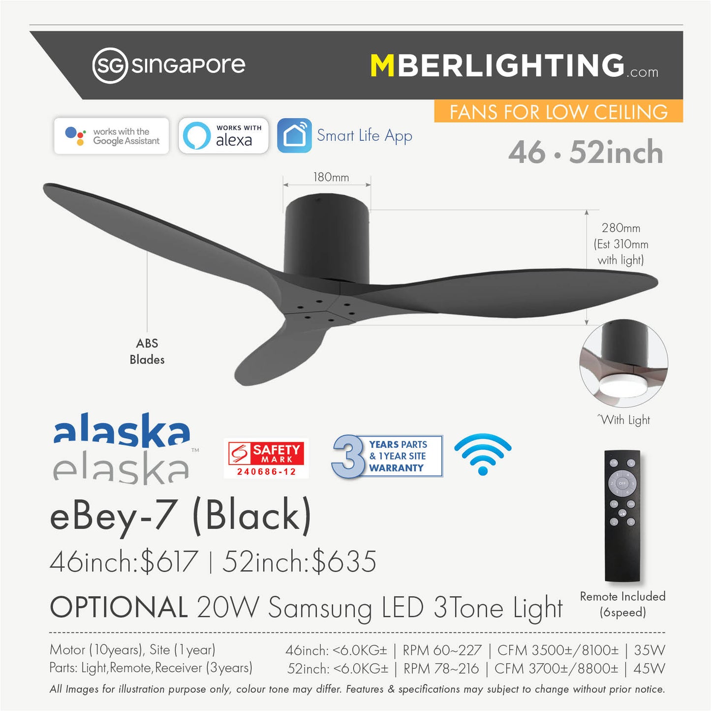 eBEY7 3-Blades Hugger Ceiling Fan BLACK